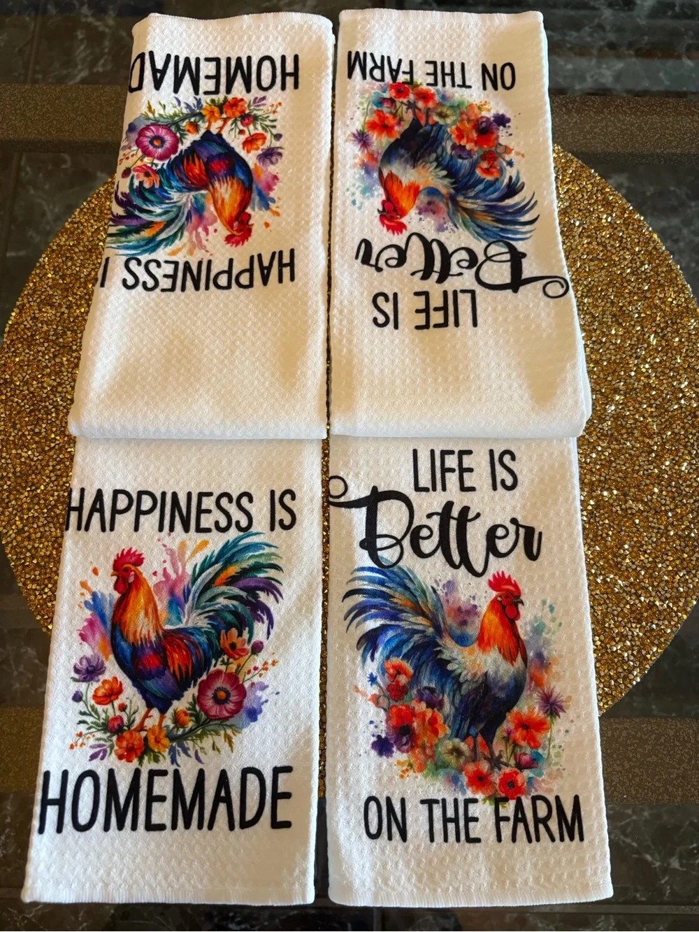 Set of 2 NWT Colorful Rooster Kitchen Towels -“Life is better on the Farm”